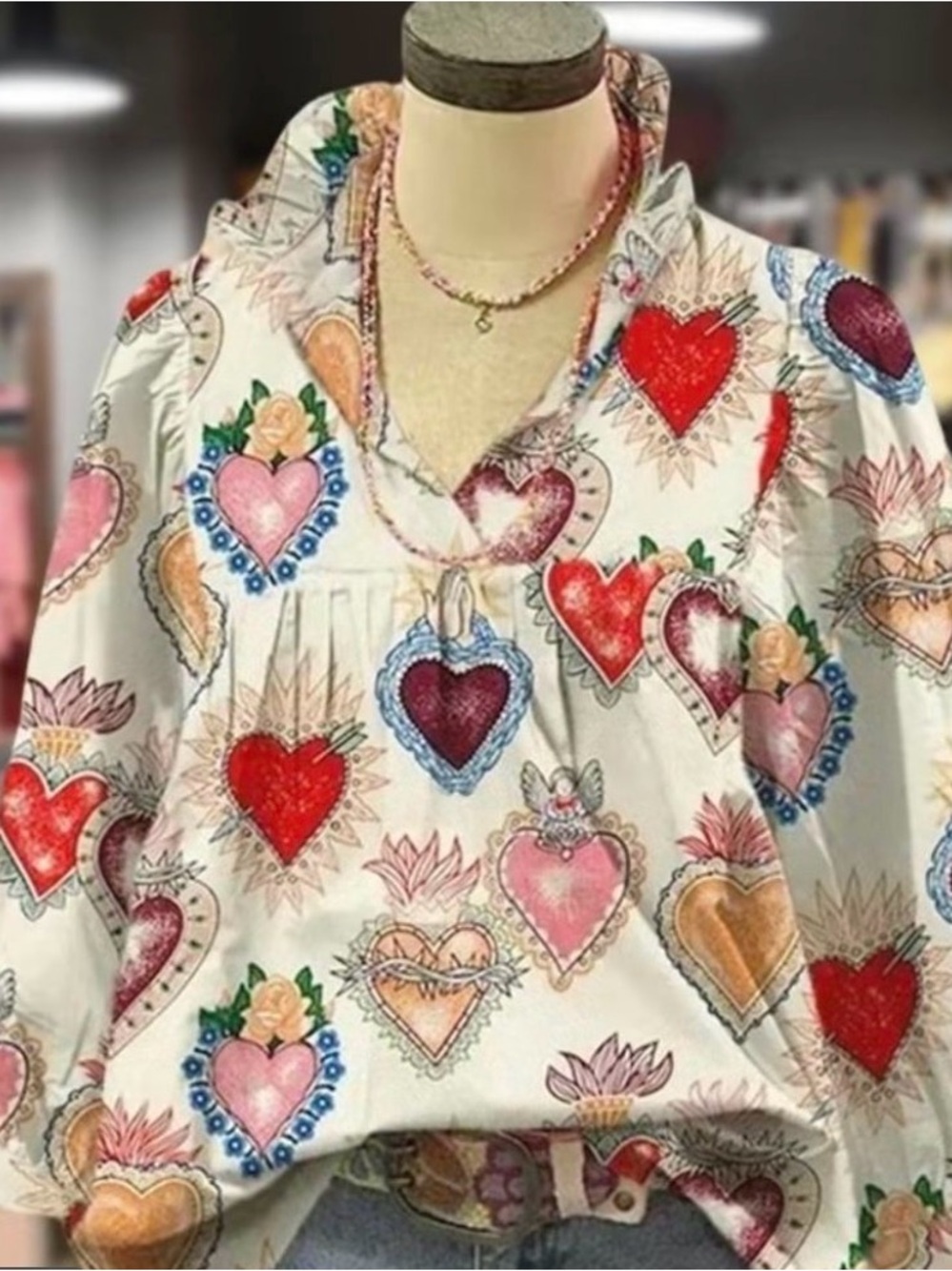 Cherry Betty Heart Print V-Neck Pullover - Cream with Red Pink Blue Accents SzS